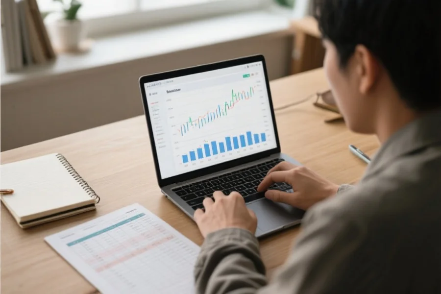 一位用户正在用笔记本电脑分析走势图数据，桌面上有笔记本和数据记录表，氛围专注且富有学习感