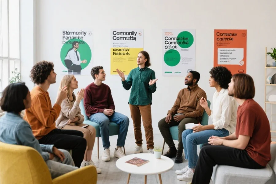 一群多样化用户在现代社区空间中积极互动，部分人参与问答交流，背景有活动海报